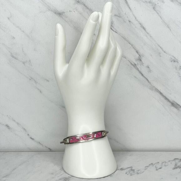 Vintage Mexico Silver Tone Abalone Shell Hinge Bangle ✨ - Picture 2 of 8